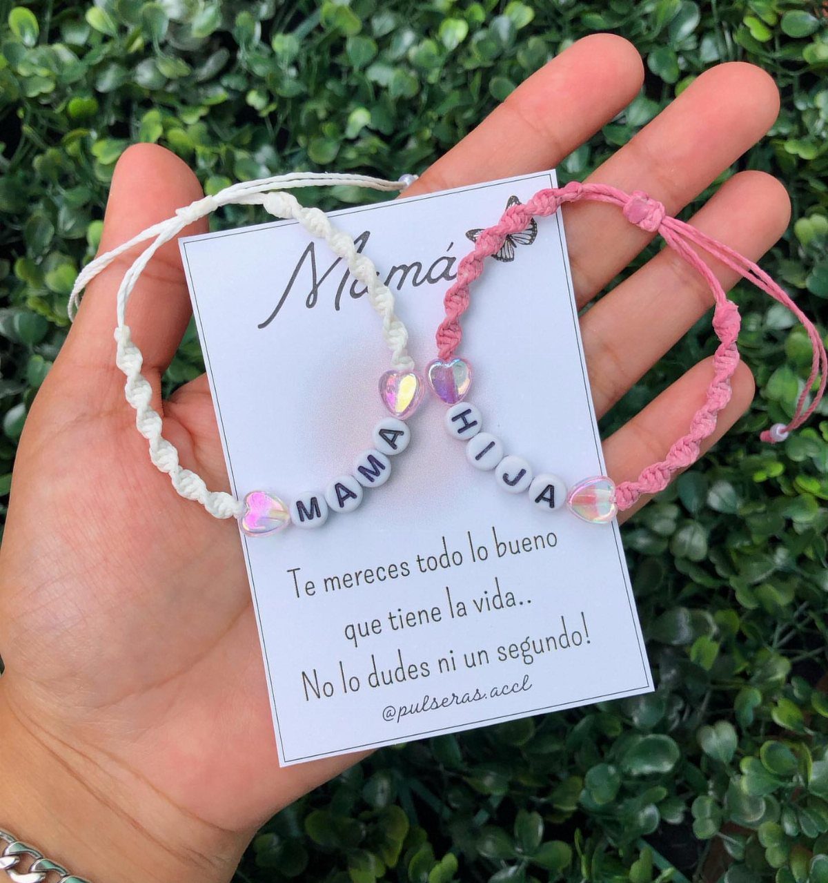 Two braided cord bracelets for mother and daughter with letter beads and hearts.