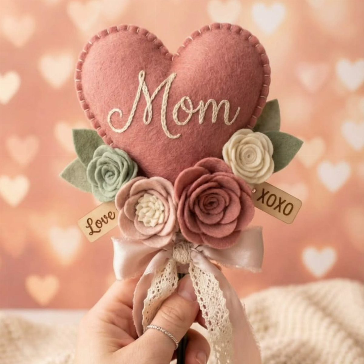 Felt heart craft for Mom with pink and white felt roses and ribbon.