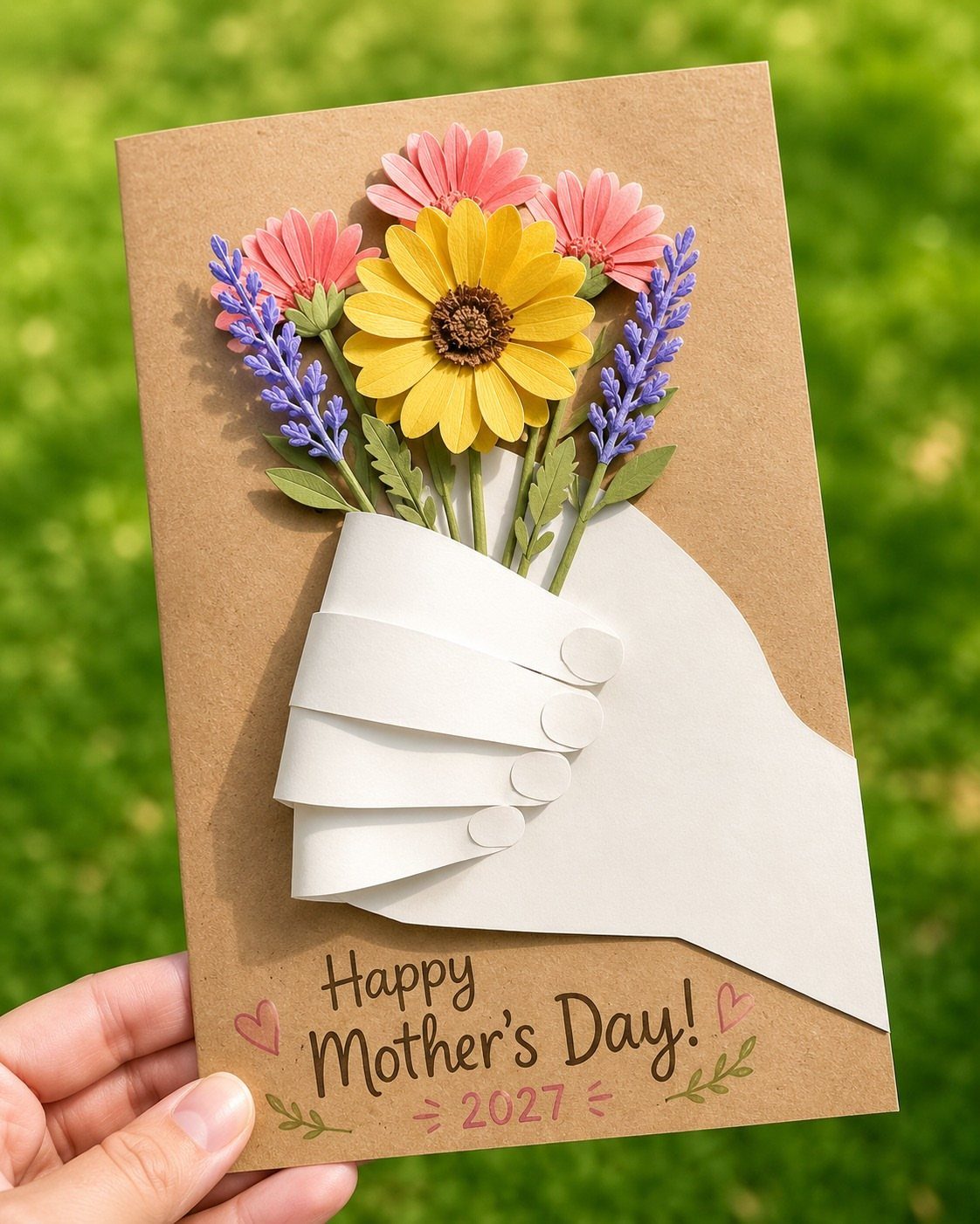 Paper bouquet card with 3D yellow and pink flowers held against green grass