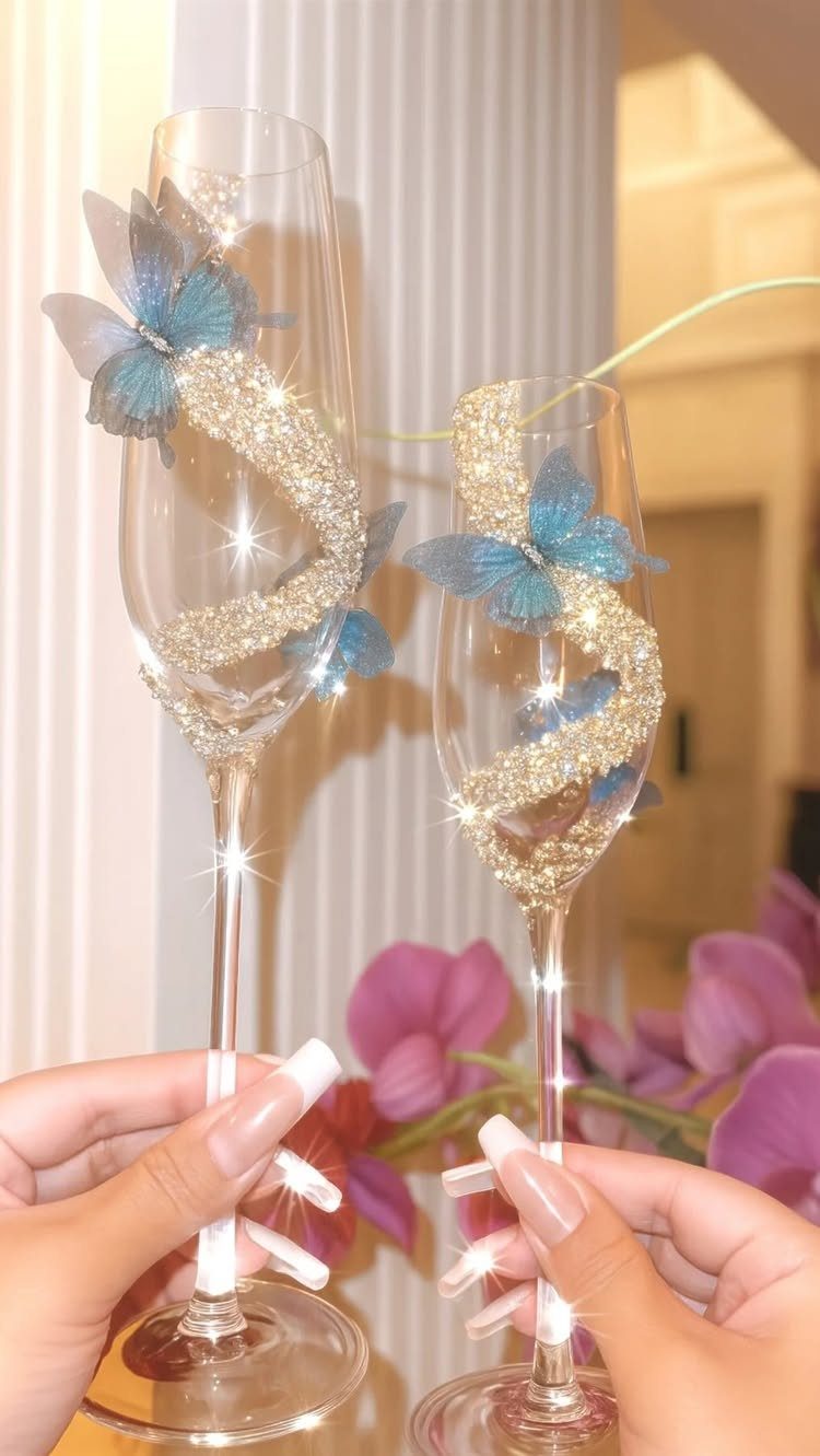 Two champagne flutes decorated with gold glitter swirls and blue butterflies.