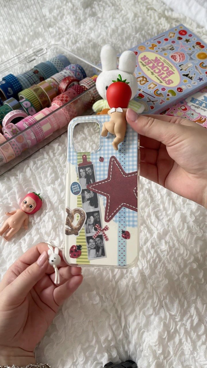 Custom phone case with a photo collage and red star held by hands.