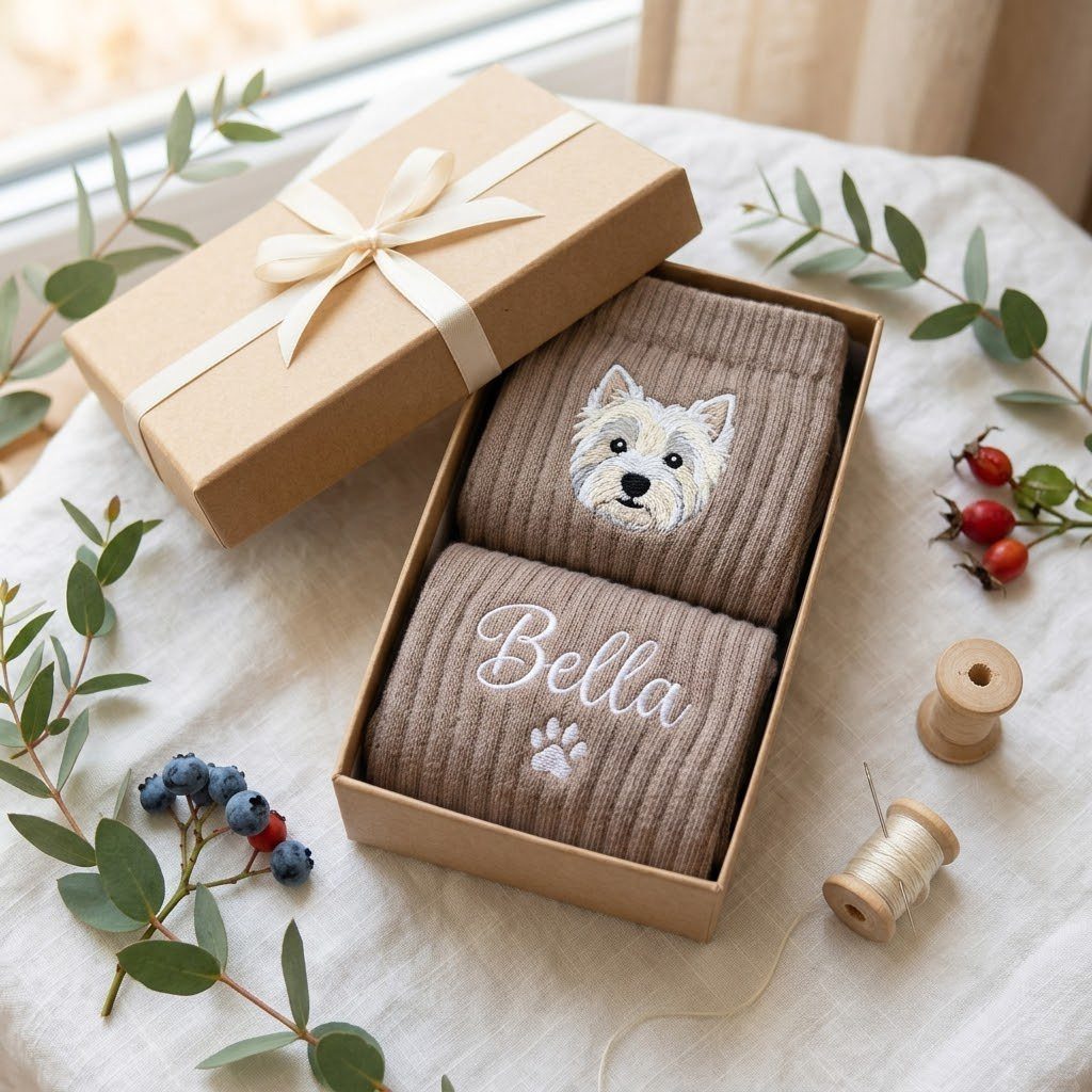 Brown custom socks with an embroidered dog and name Bella in a gift box.