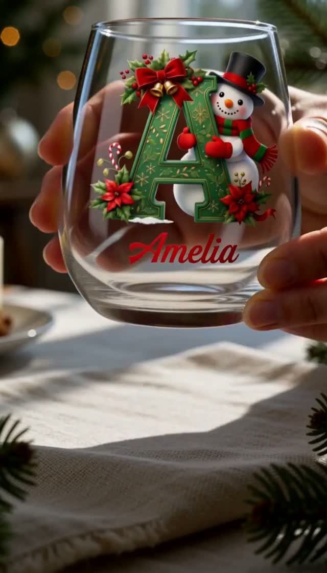 Stemless wine glass with a festive snowman design and the name Amelia.