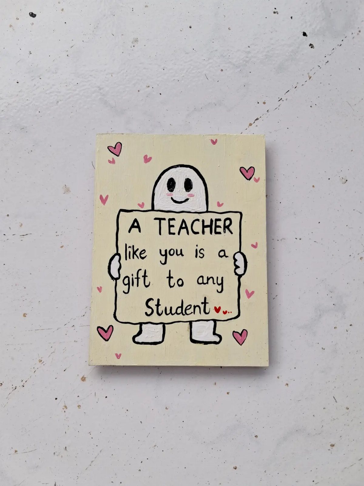 Teacher gift tag featuring a cute ghost holding a heartfelt message and pink hearts.