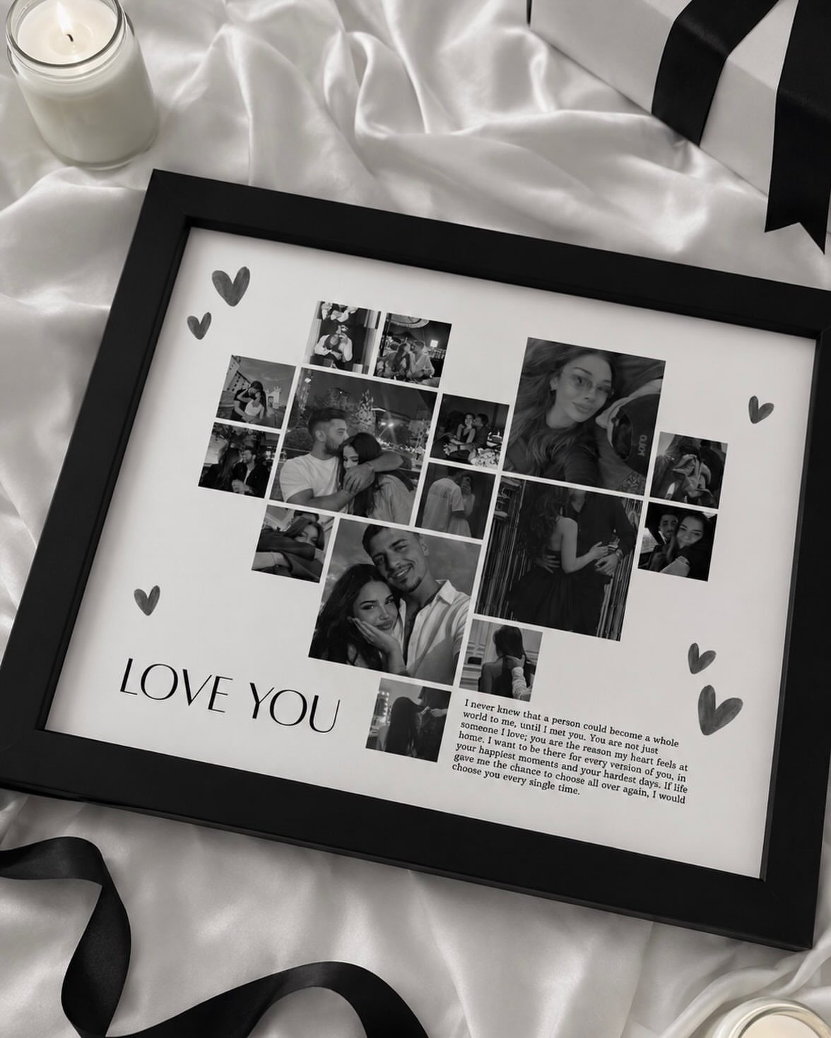 Framed black and white photo collage of a couple with love notes on satin.