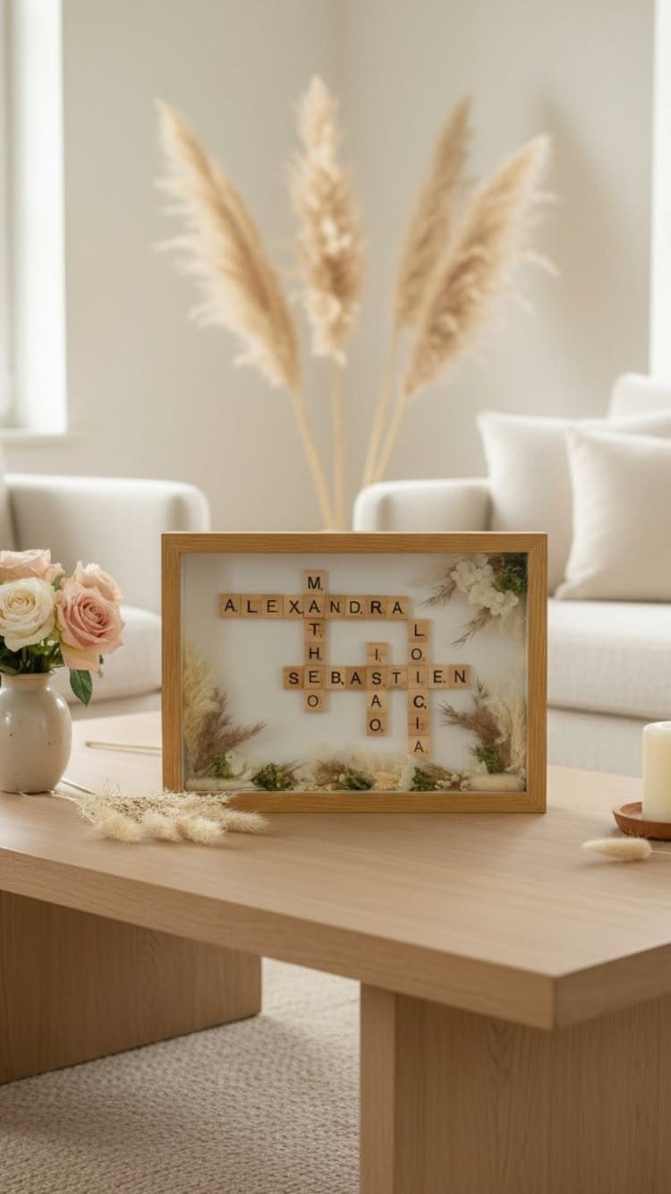 Wooden framed shadow box with Scrabble tile names and dried floral arrangements.