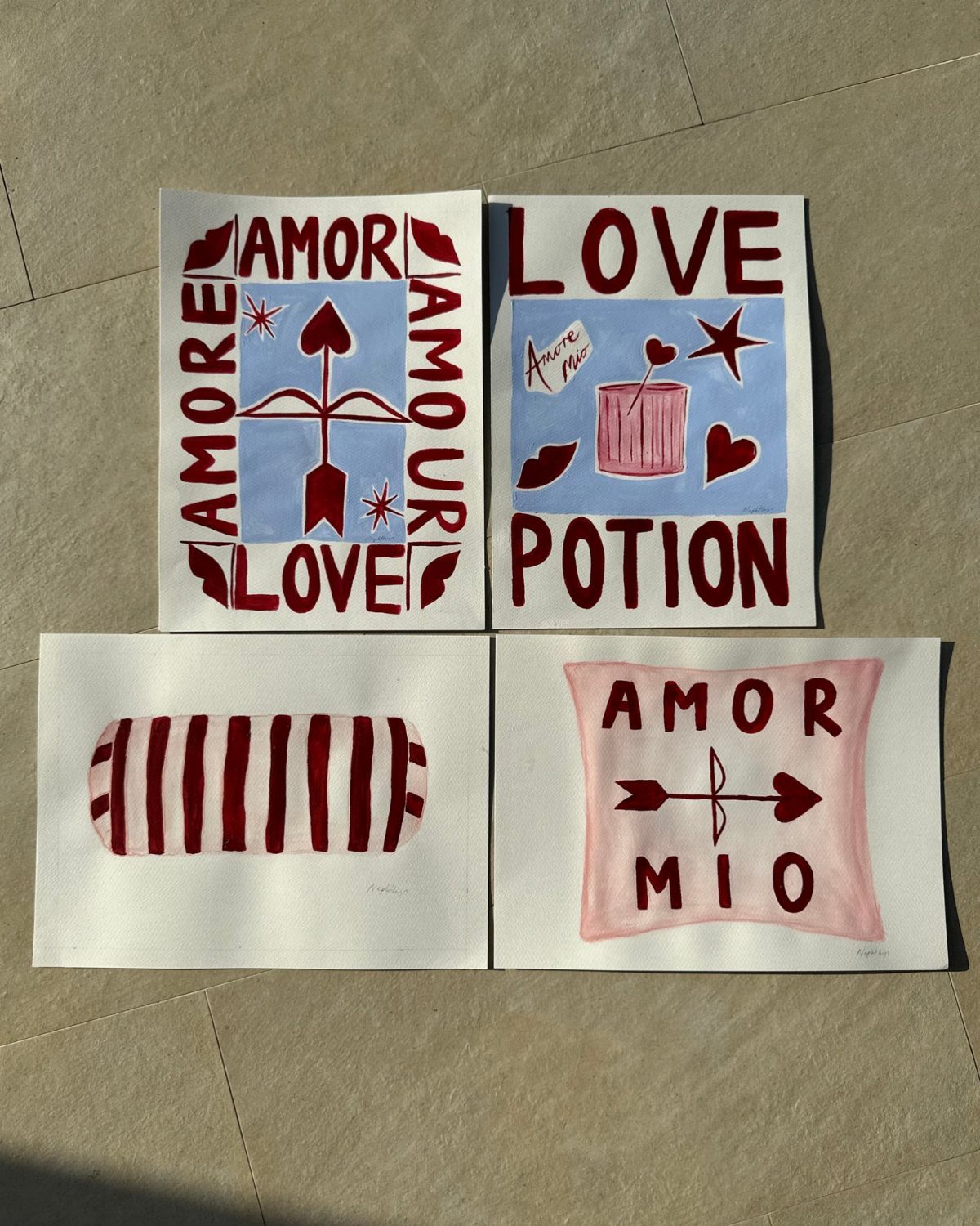 Four hand-drawn Valentine's Day illustrations with red hearts and romantic text on paper.
