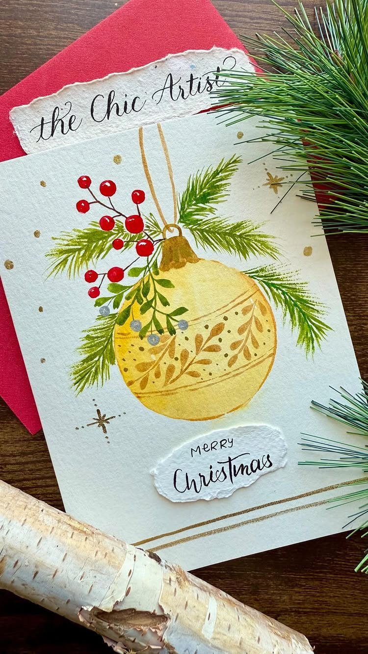 Watercolor Christmas card with a yellow ornament, pine needles, and red berries.