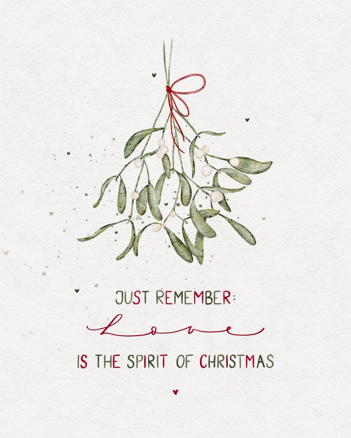 Mistletoe sprig with white berries and red ribbon on a watercolor card