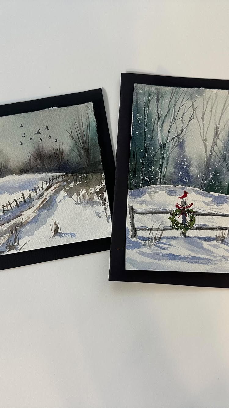 Two watercolor cards featuring snowy winter landscapes with fences and a festive wreath.