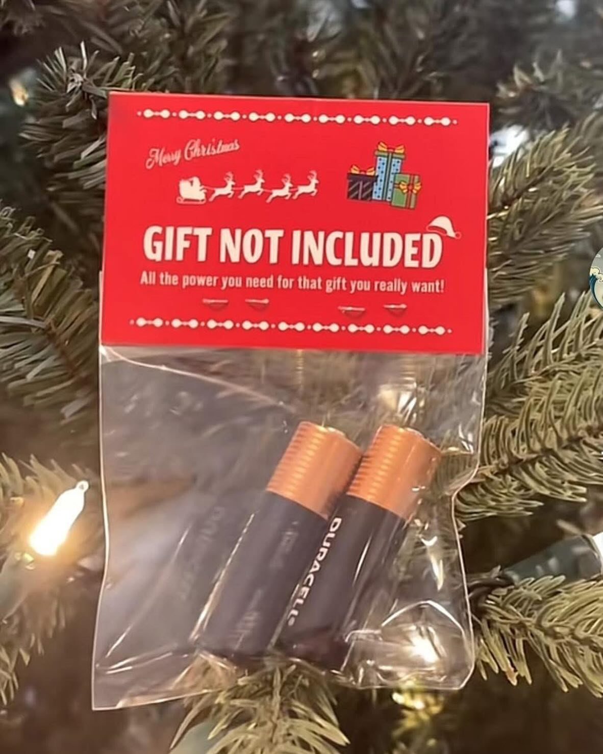 Batteries in a package with a funny 'Gift Not Included' message on a tree