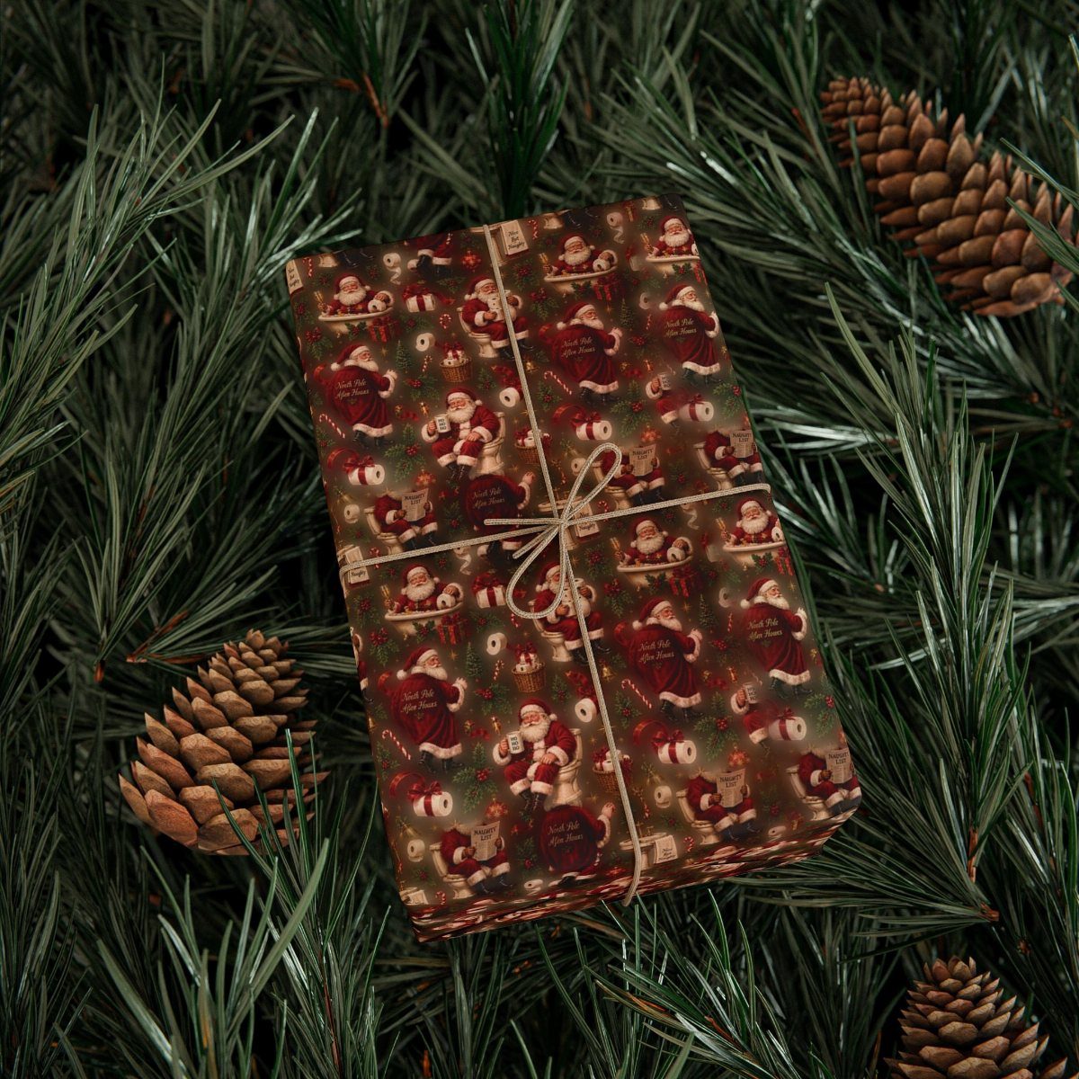 Wrapped gift with Santa Claus pattern tied with twine among pine needles and cones