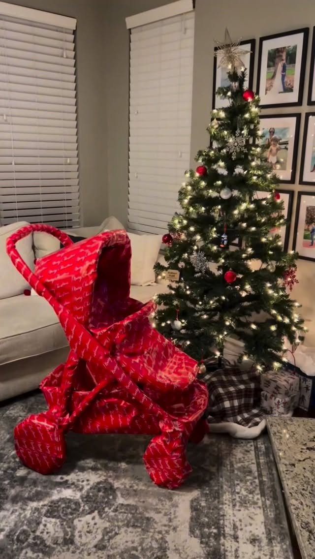 Large object wrapped in red patterned paper next to a decorated Christmas tree